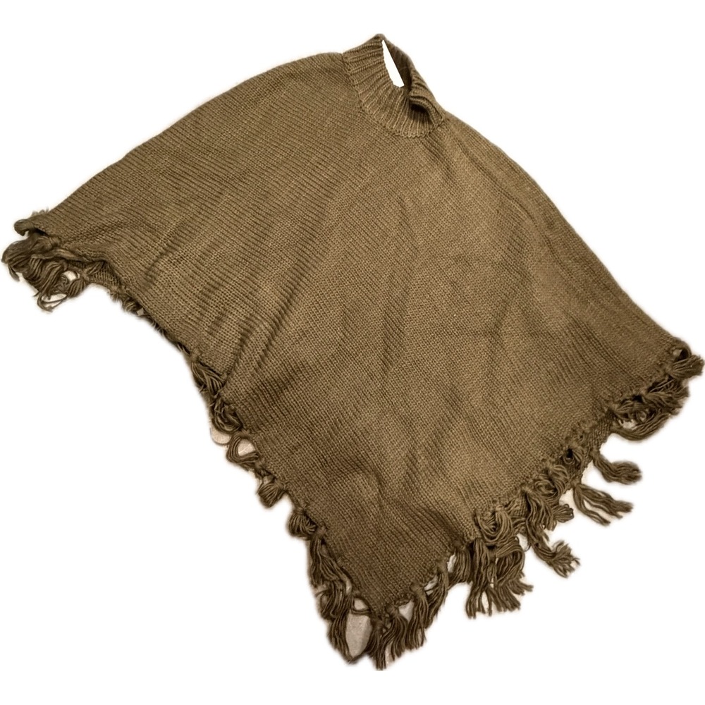 Martha Stewart Signature Olive Green Knit Fringe Poncho Mock Neck One Size Plus